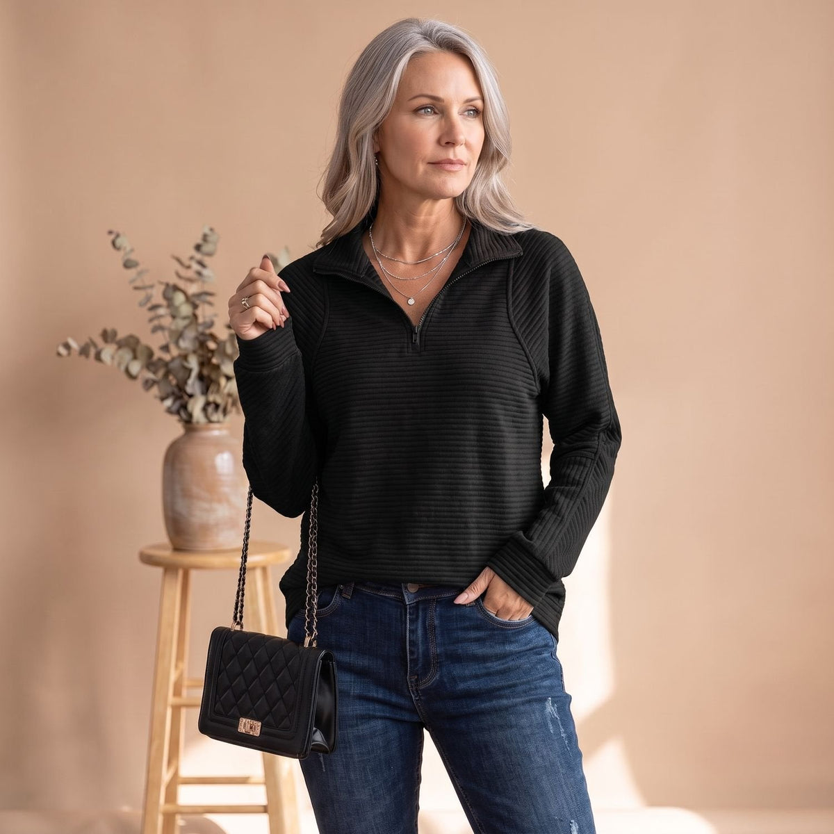 Ribbed Half-Zip Stand Collar Sweater with Raglan Sleeves for Women | Mia