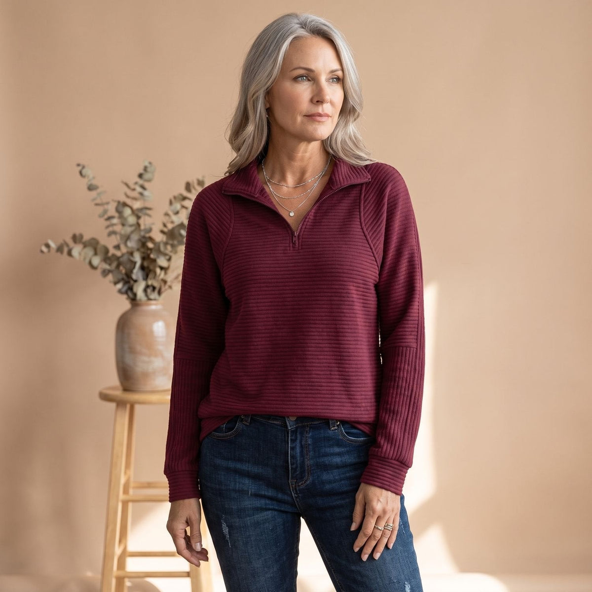 Ribbed Half-Zip Stand Collar Sweater with Raglan Sleeves for Women | Mia