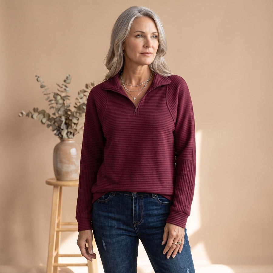 Ribbed Half-Zip Stand Collar Sweater with Raglan Sleeves for Women | Mia