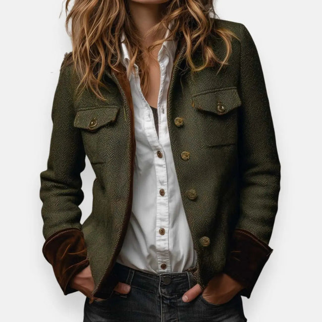 Mia | Women's Green Herringbone Tweed Quilted Utility Jacket