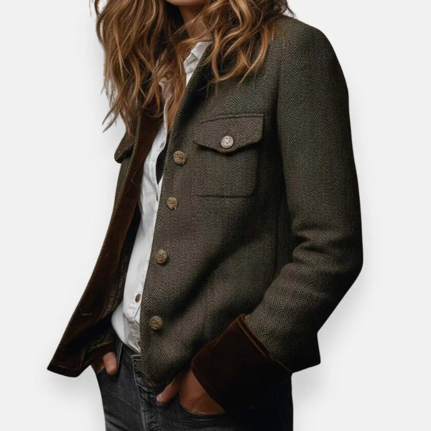 Mia | Women's Green Herringbone Tweed Quilted Utility Jacket