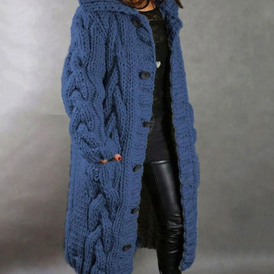 Long Hooded Cable-Knit Cardigan Sweater Coat with Button Front for Women | Luna