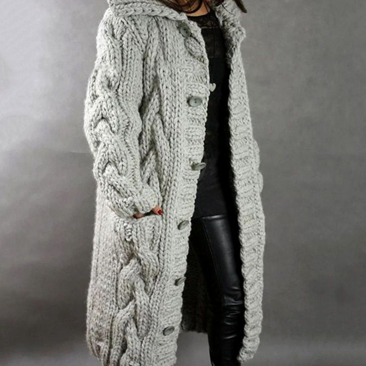 Long Hooded Cable-Knit Cardigan Sweater Coat with Button Front for Women | Luna