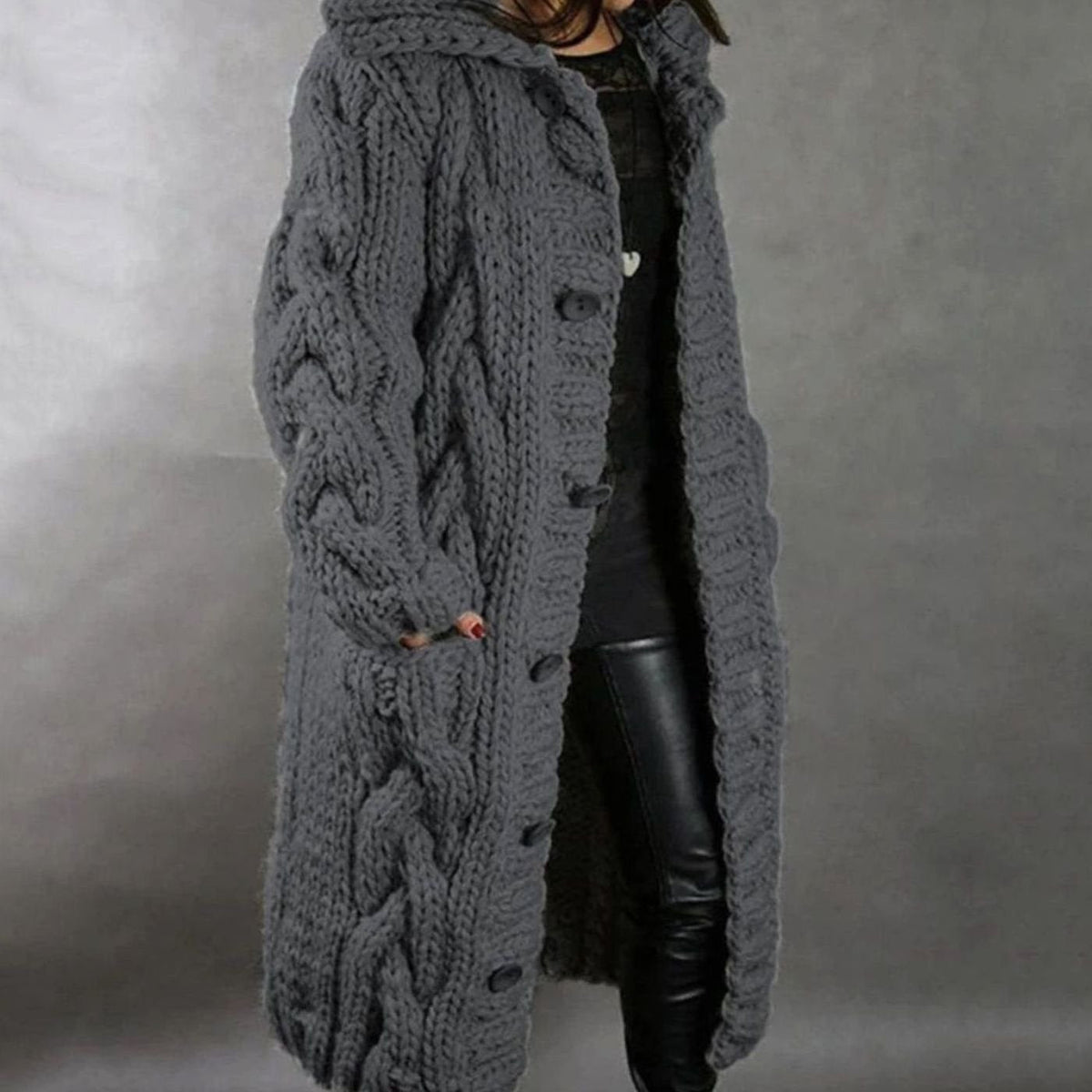 Long Hooded Cable-Knit Cardigan Sweater Coat with Button Front for Women | Luna