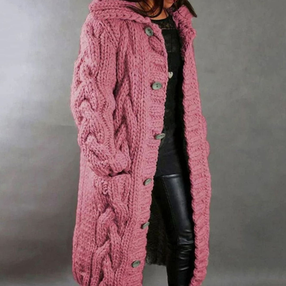 Long Hooded Cable-Knit Cardigan Sweater Coat with Button Front for Women | Luna