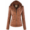 Faux Leather Jacket Women Hooded Moto Removable Hood Slim Fit