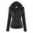Faux Leather Jacket Women Hooded Moto Removable Hood Slim Fit