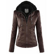 Faux Leather Jacket Women Hooded Moto Removable Hood Slim Fit