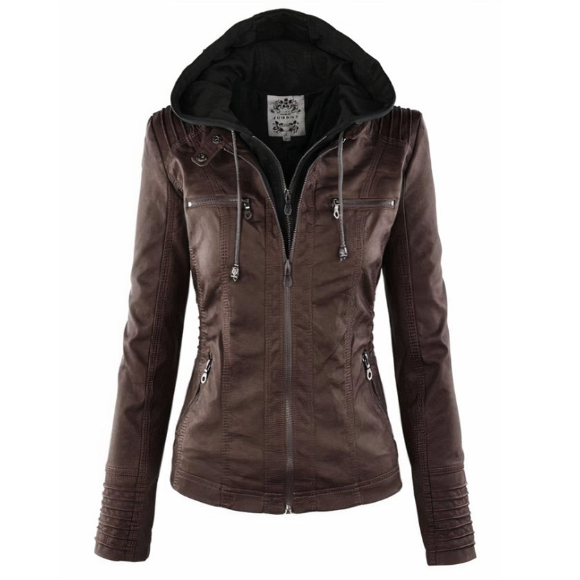 Faux Leather Jacket Women Hooded Moto Removable Hood Slim Fit