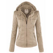 Faux Leather Jacket Women Hooded Moto Removable Hood Slim Fit