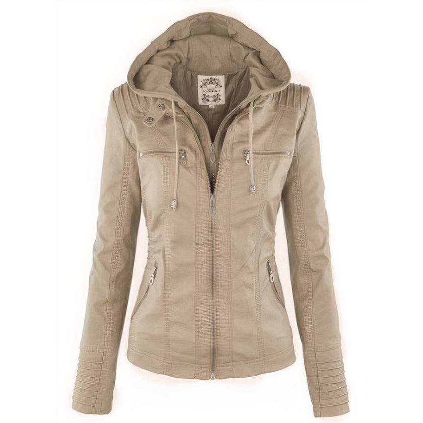 Faux Leather Jacket Women Hooded Moto Removable Hood Slim Fit
