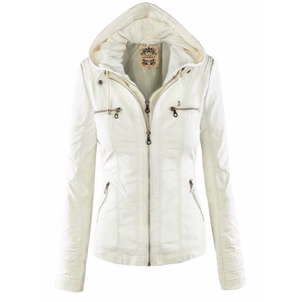 Faux Leather Jacket Hooded Removable Hood Zip Up Lined Moto Biker Jacket | Cora