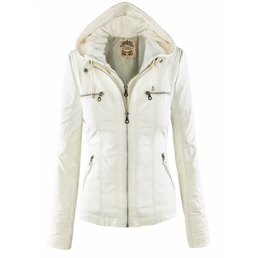 Faux Leather Jacket Women Hooded Moto Removable Hood Slim Fit