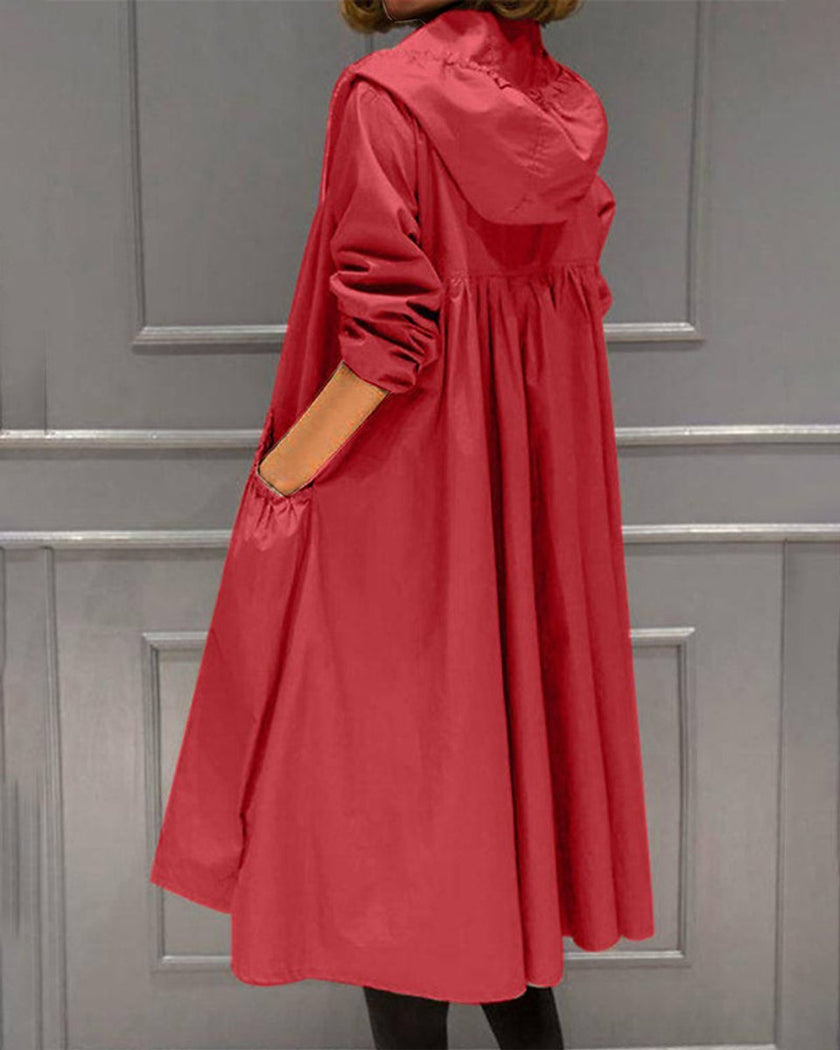 Trench Coat Women Hooded Waterproof Long Zip-Up