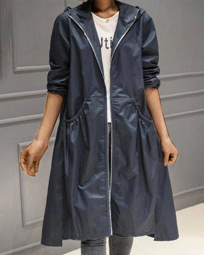 Trench Coat Women Hooded Waterproof Long Zip-Up