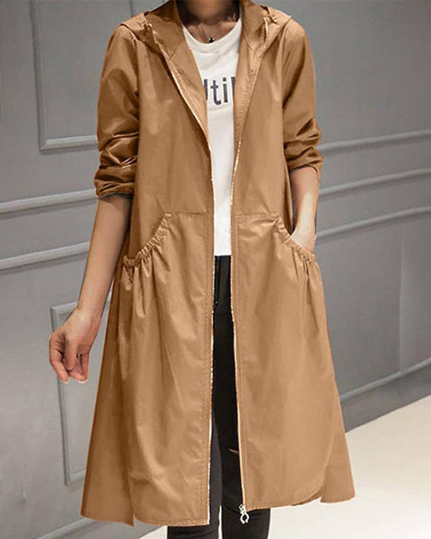 Trench Coat Women Hooded Waterproof Long Zip-Up