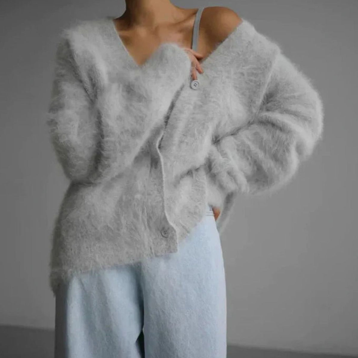 Oversized Cardigan Fluffy Fuzzy Knit V Neck Button Up Cardigan Sweater | Livia