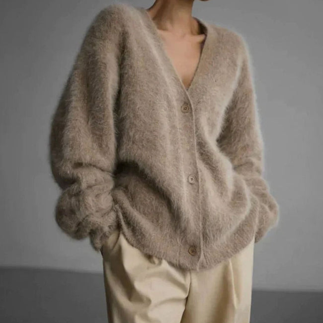 Livia | Women's Jumper Fluffy V-Neck Button-Front Oversized Cardigan with Fuzzy for Layering