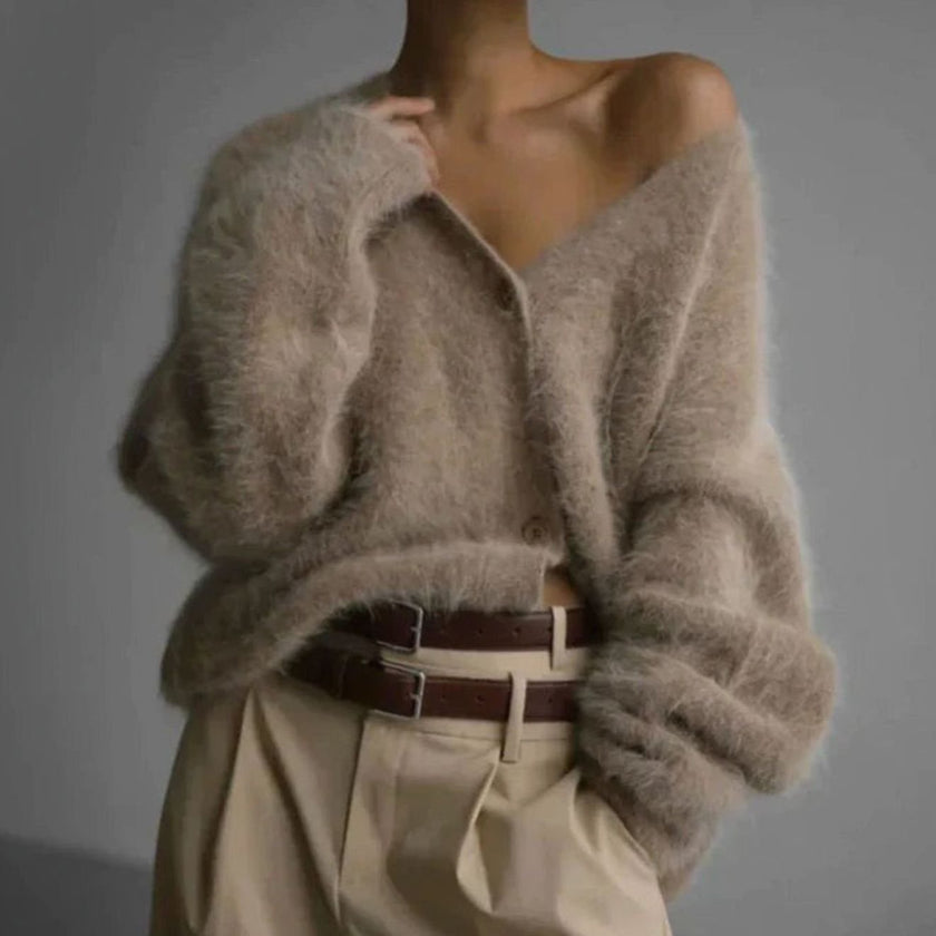 Livia | Women's Jumper Fluffy V-Neck Button-Front Oversized Cardigan with Fuzzy for Layering