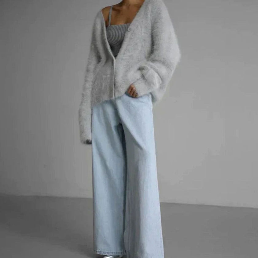 Livia | Women's Jumper Fluffy V-Neck Button-Front Oversized Cardigan with Fuzzy for Layering