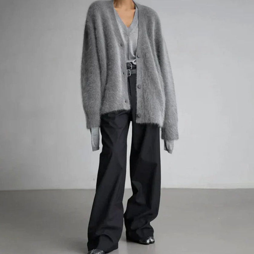 Livia | Women's Jumper Fluffy V-Neck Button-Front Oversized Cardigan with Fuzzy for Layering
