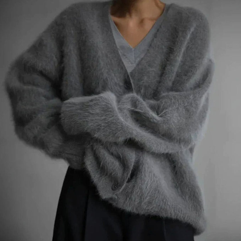 Livia | Women's Jumper Fluffy V-Neck Button-Front Oversized Cardigan with Fuzzy for Layering
