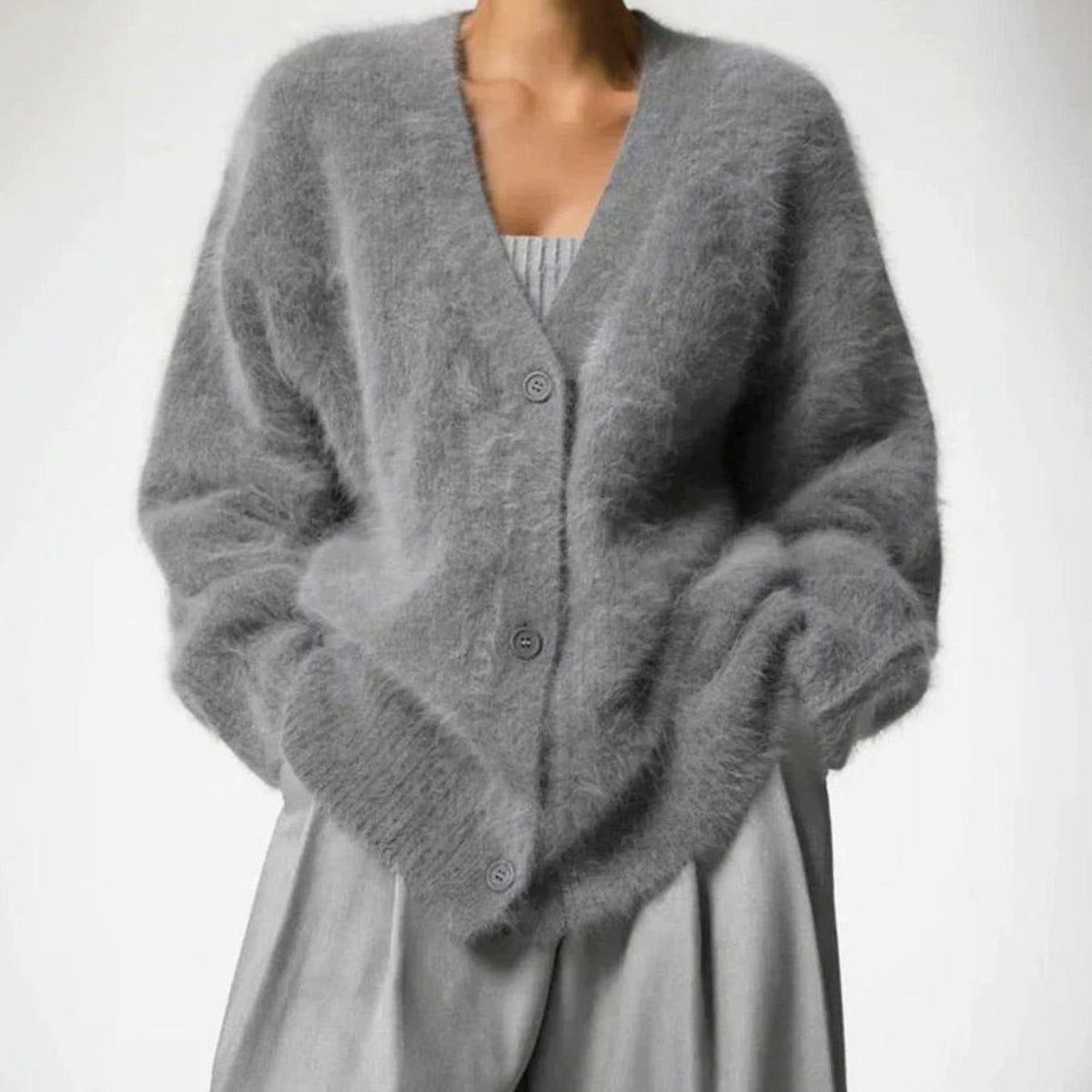 Oversized Cardigan Fluffy Fuzzy Knit V Neck Button Up Cardigan Sweater | Livia