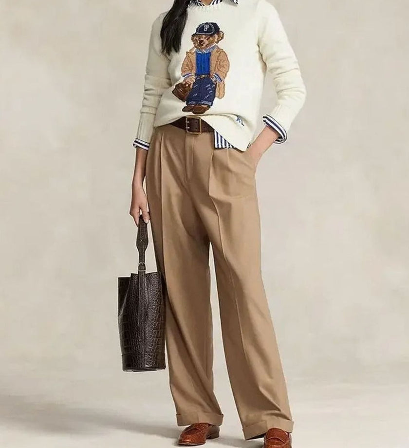 Faye | Women's Jumper Knit Bear Motif Crew-Neck Pullover Sweater with Striped for Everyday