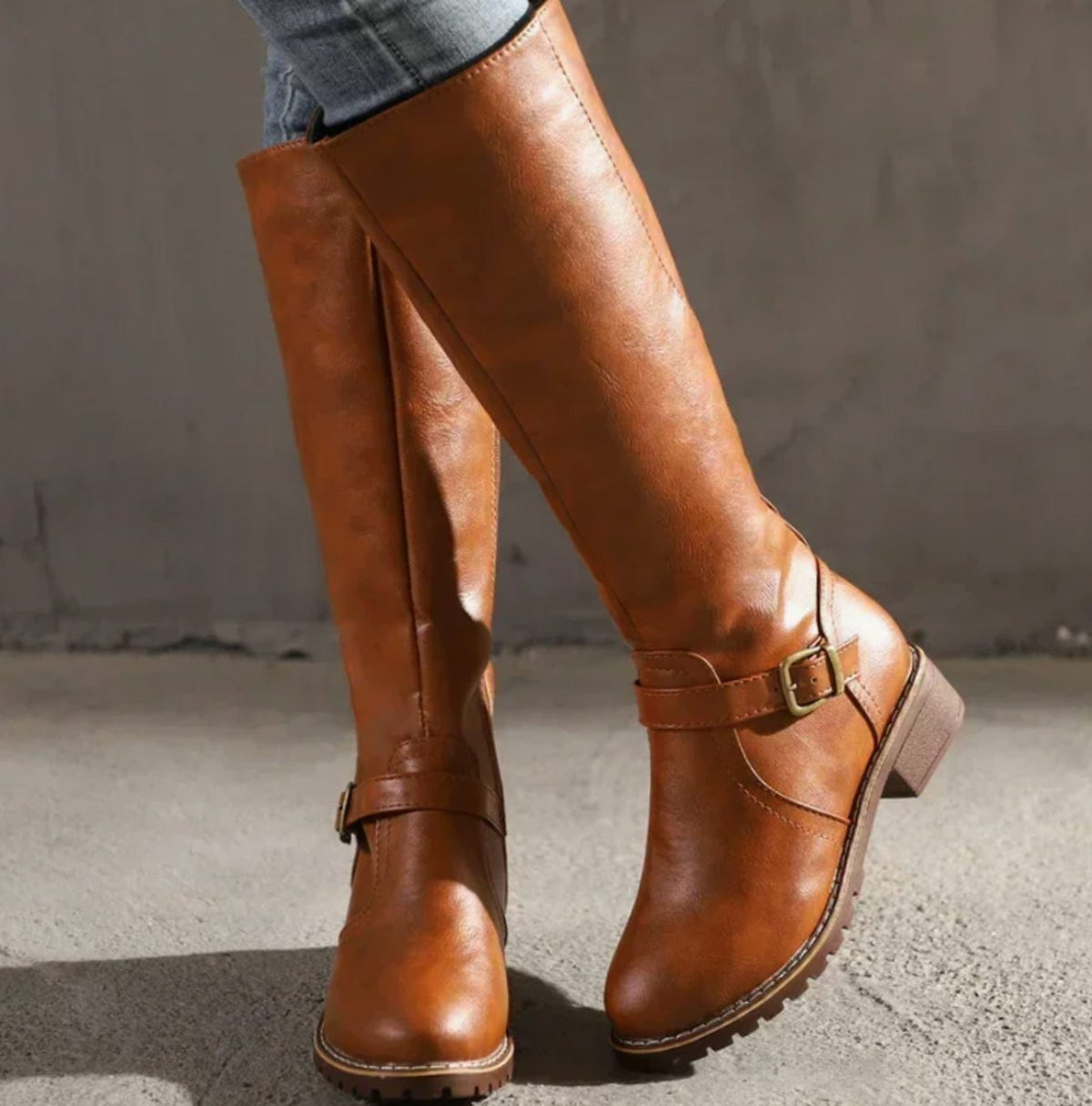 Leather Knee-High Riding Boots with Buckle Strap for Women | Pien