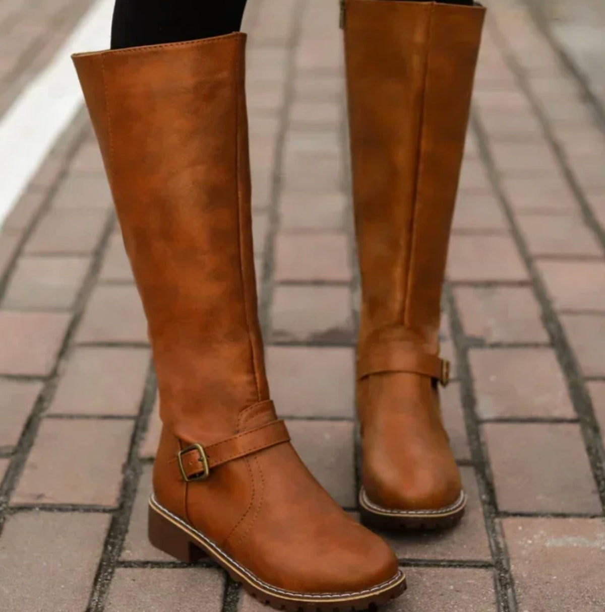 Leather Knee-High Riding Boots with Buckle Strap for Women | Pien