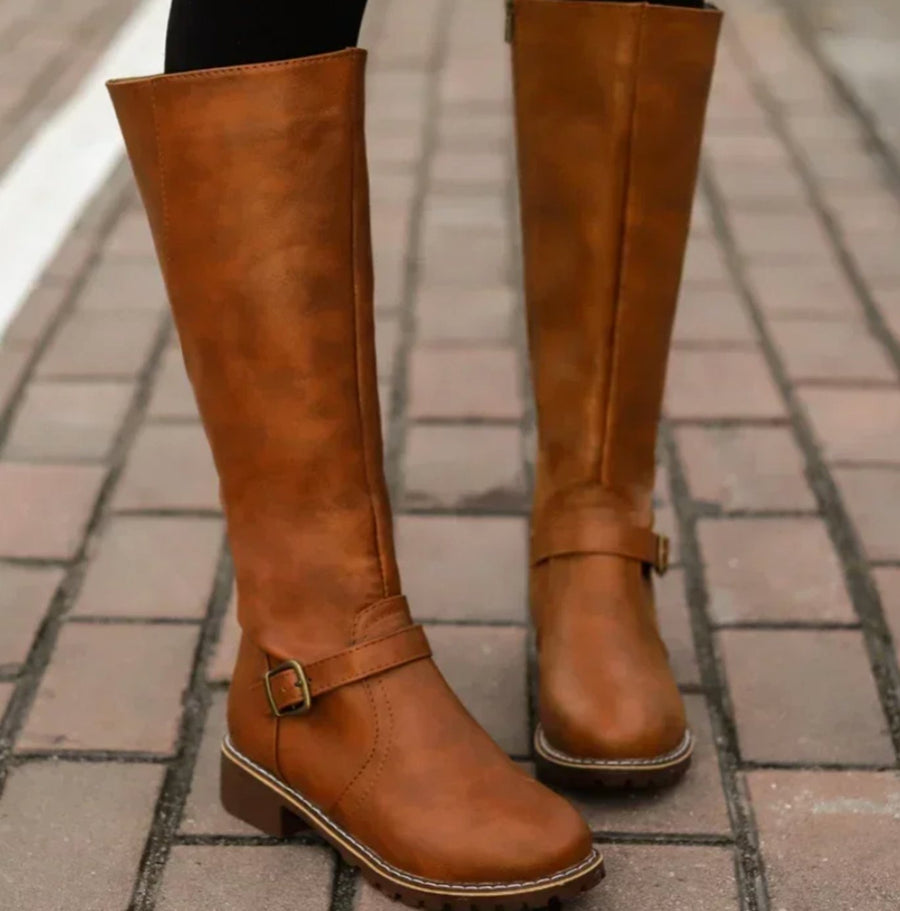 Leather Knee-High Riding Boots with Buckle Strap for Women | Pien
