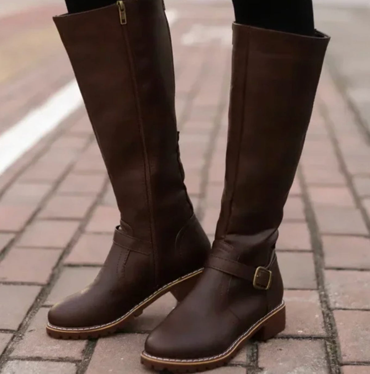 Leather Knee-High Riding Boots with Buckle Strap for Women | Pien