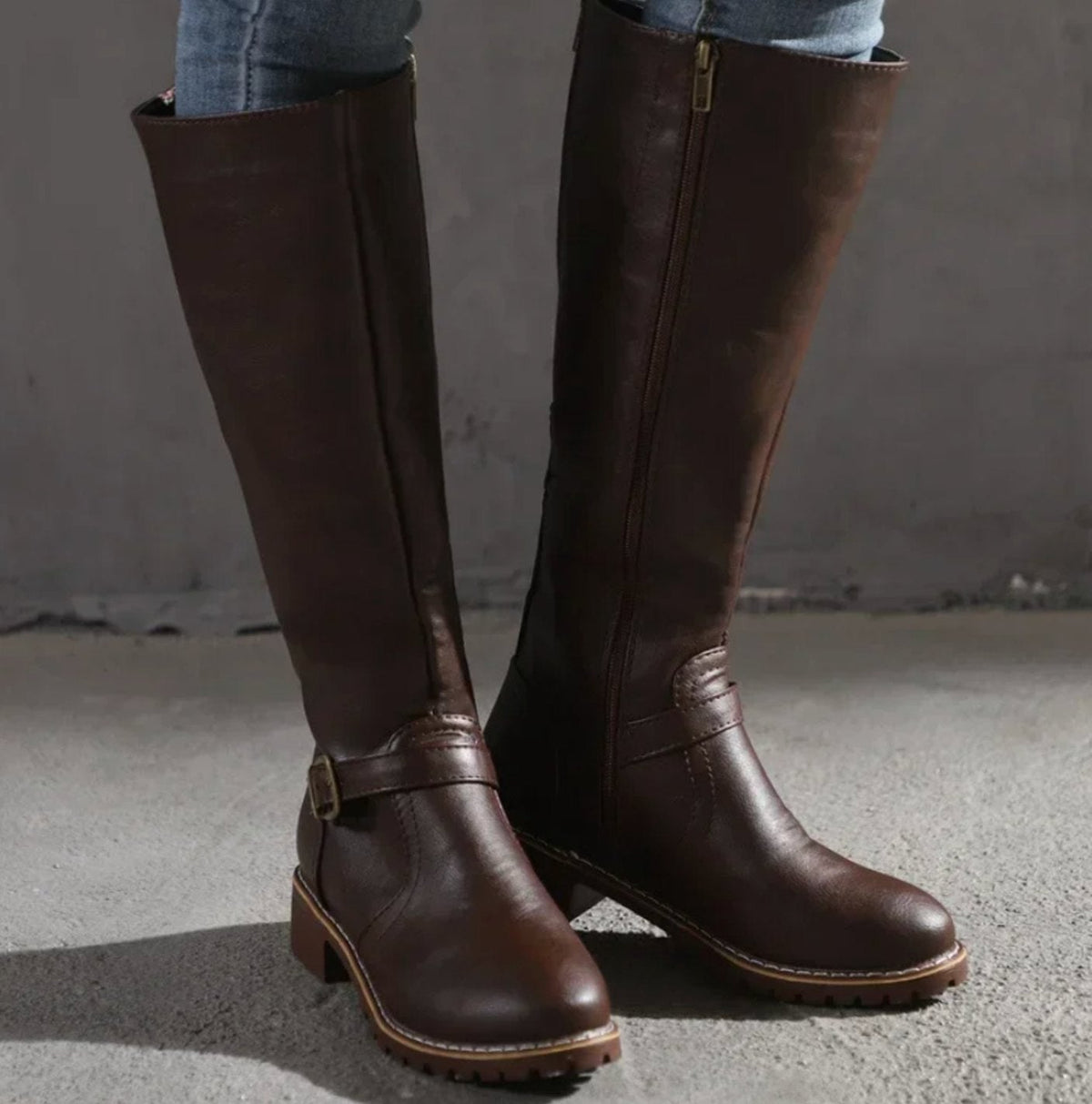 Leather Knee-High Riding Boots with Buckle Strap for Women | Pien