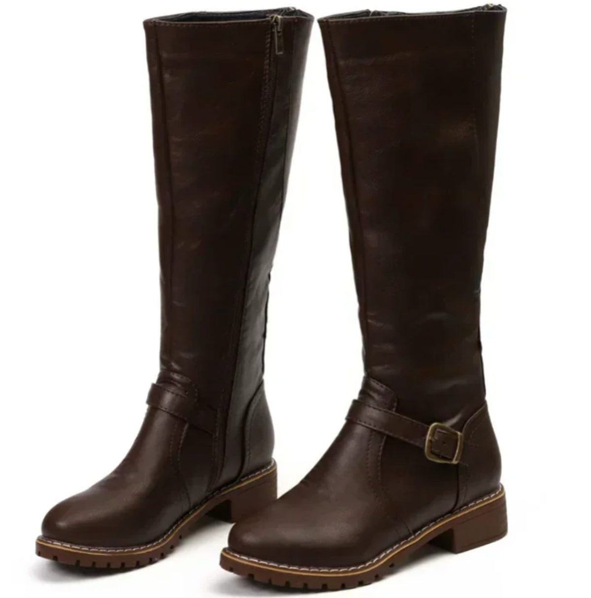 Leather Knee-High Riding Boots with Buckle Strap for Women | Pien