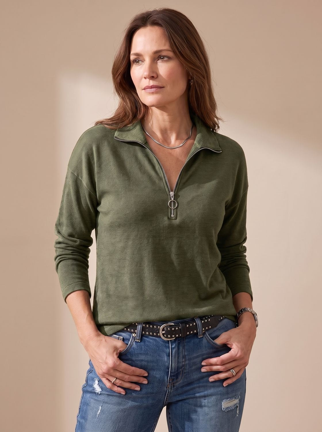 Half-Zip Knit Sweater with Folded Lapel Collar for Women | Charlotte