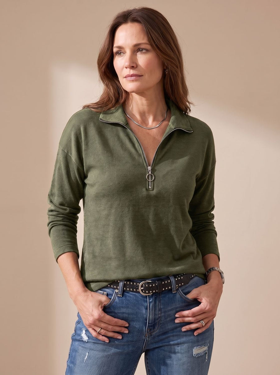 Half-Zip Knit Sweater with Folded Lapel Collar for Women | Charlotte