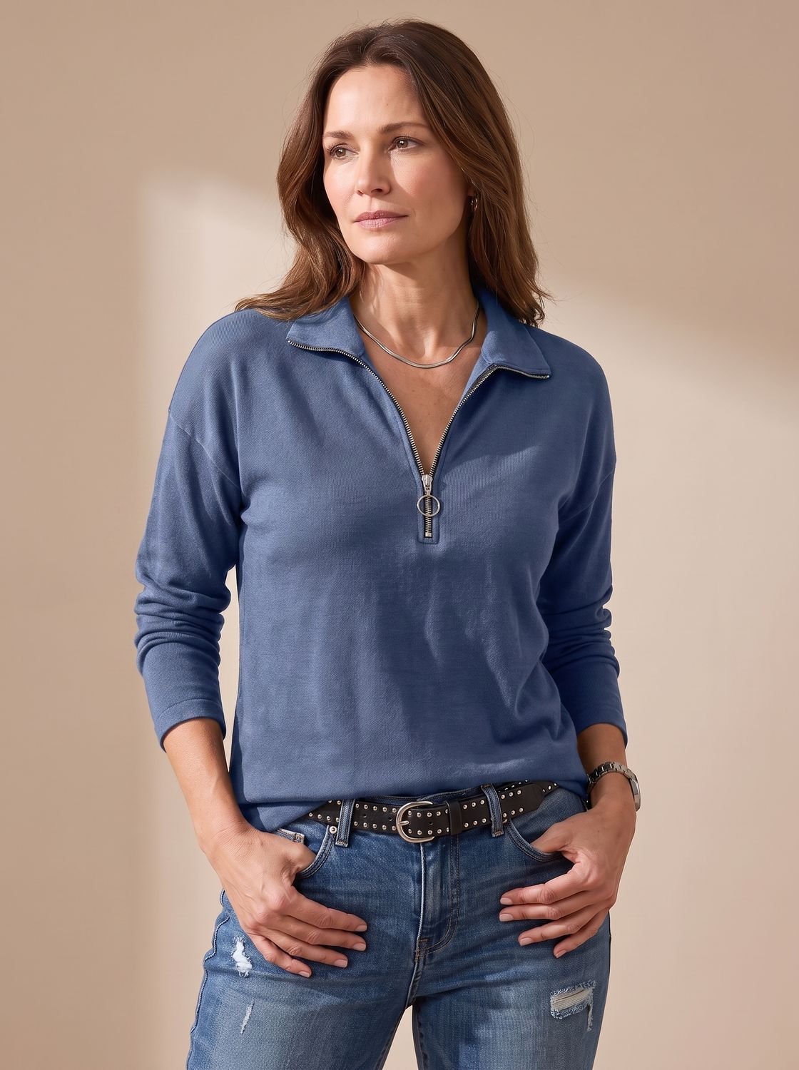 Half-Zip Knit Sweater with Folded Lapel Collar for Women | Charlotte