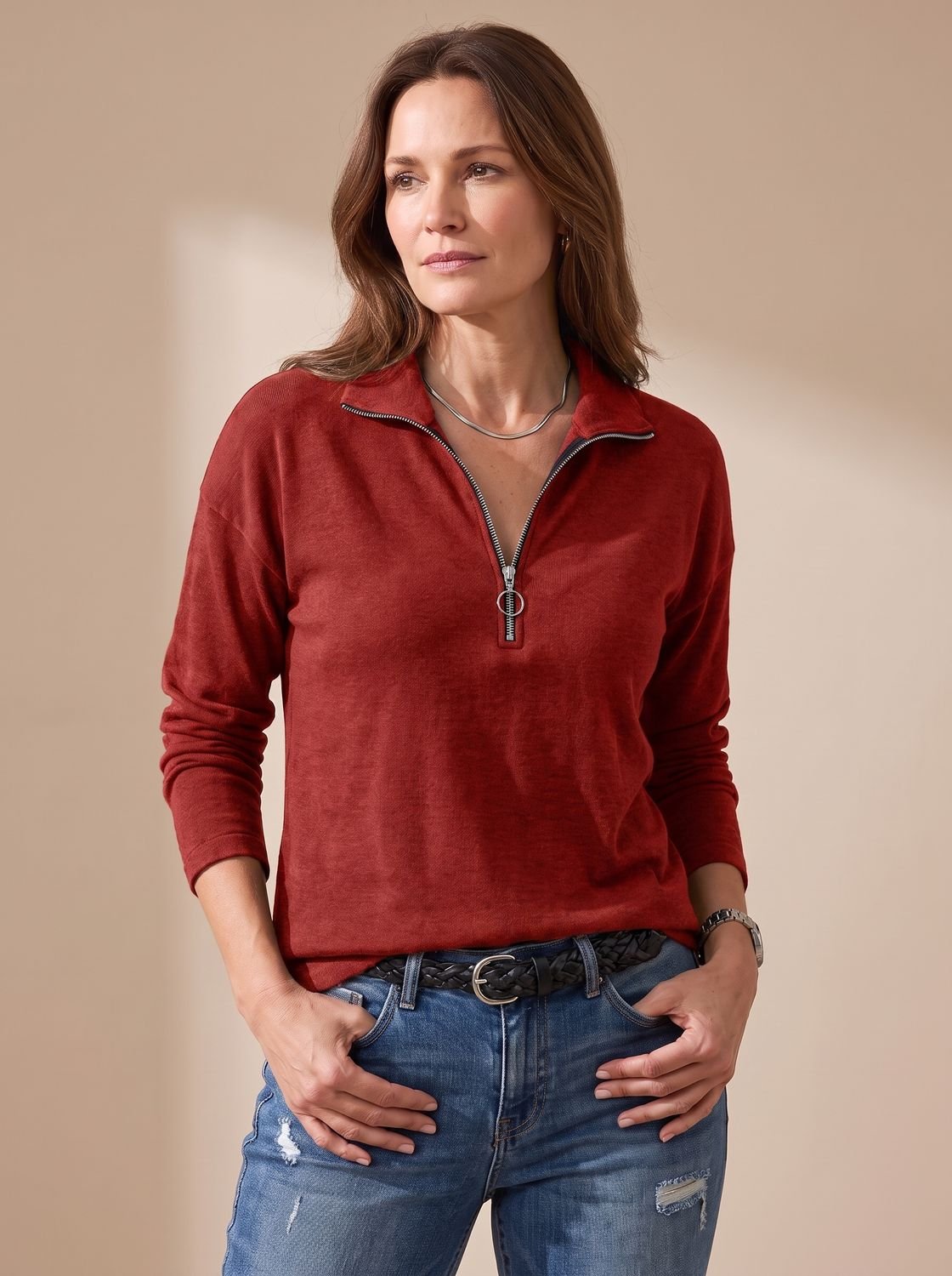 Half-Zip Knit Sweater with Folded Lapel Collar for Women | Charlotte