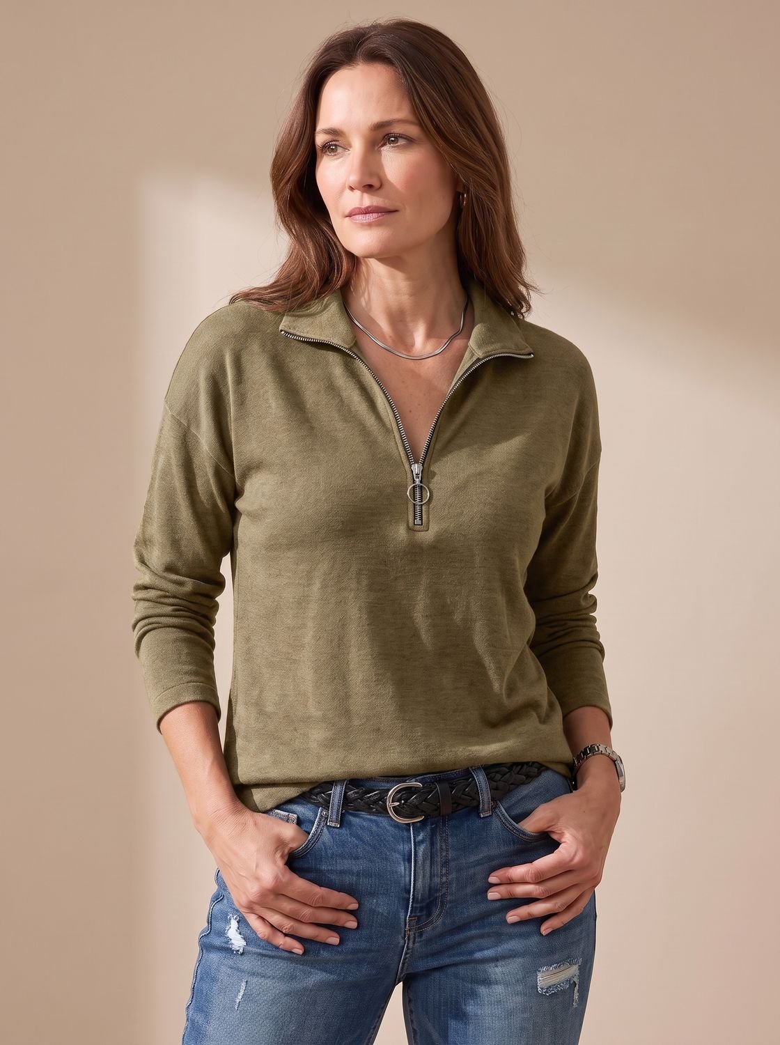 Half-Zip Knit Sweater with Folded Lapel Collar for Women | Charlotte