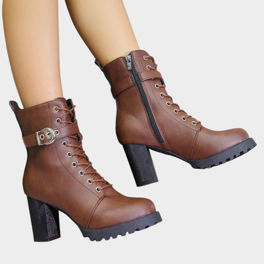Layla | Women's Lace-Up Block-Heel Buckle Strap Combat Ankle Boots
