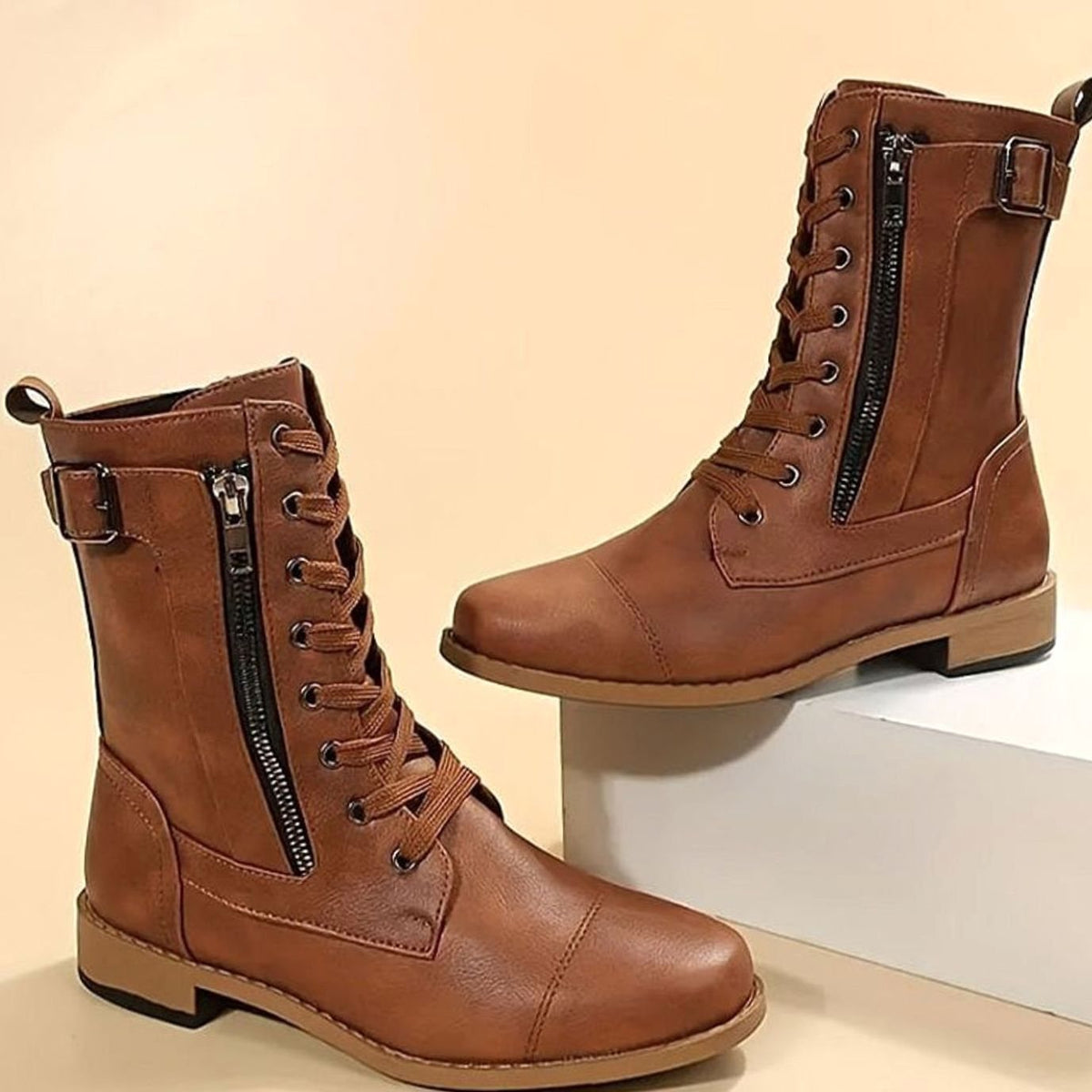 Combat Boots Faux Leather Lace Up Side Zip Chunky Sole Mid Calf Boots | Eleanor