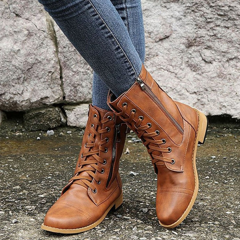 Combat Boots Faux Leather Lace Up Side Zip Chunky Sole Mid Calf Boots | Eleanor