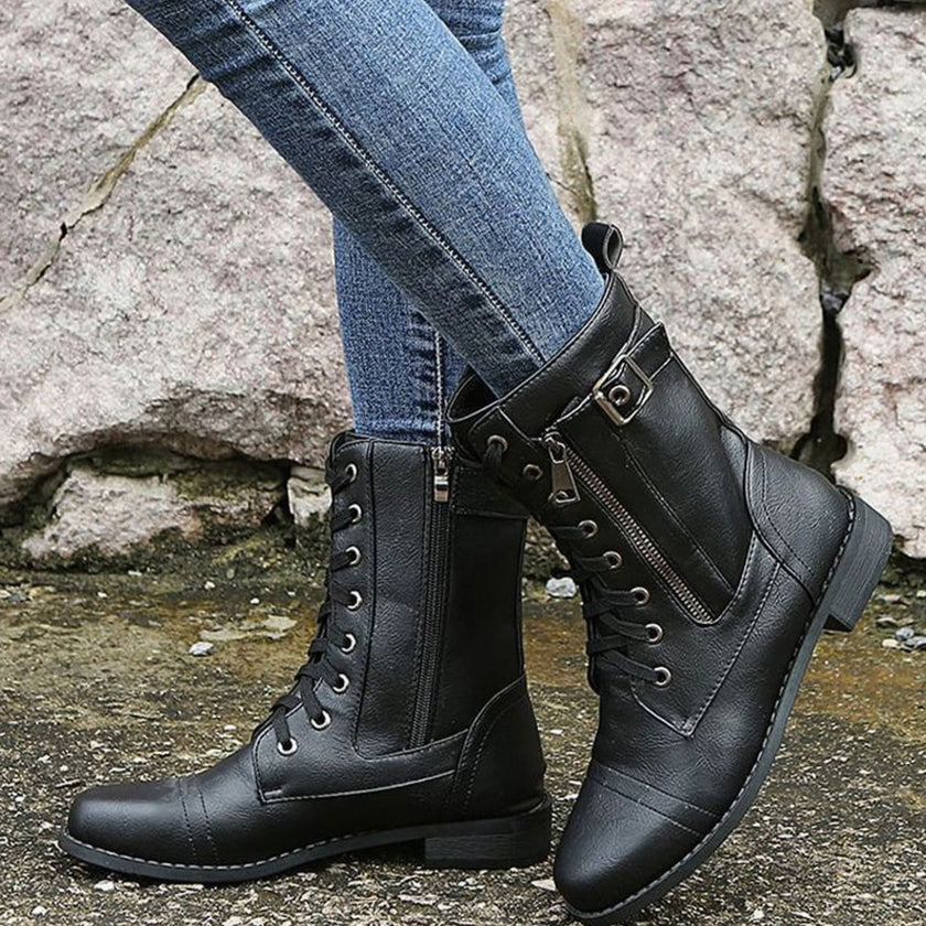 Combat Boots Faux Leather Lace Up Side Zip Chunky Sole Mid Calf Boots | Eleanor