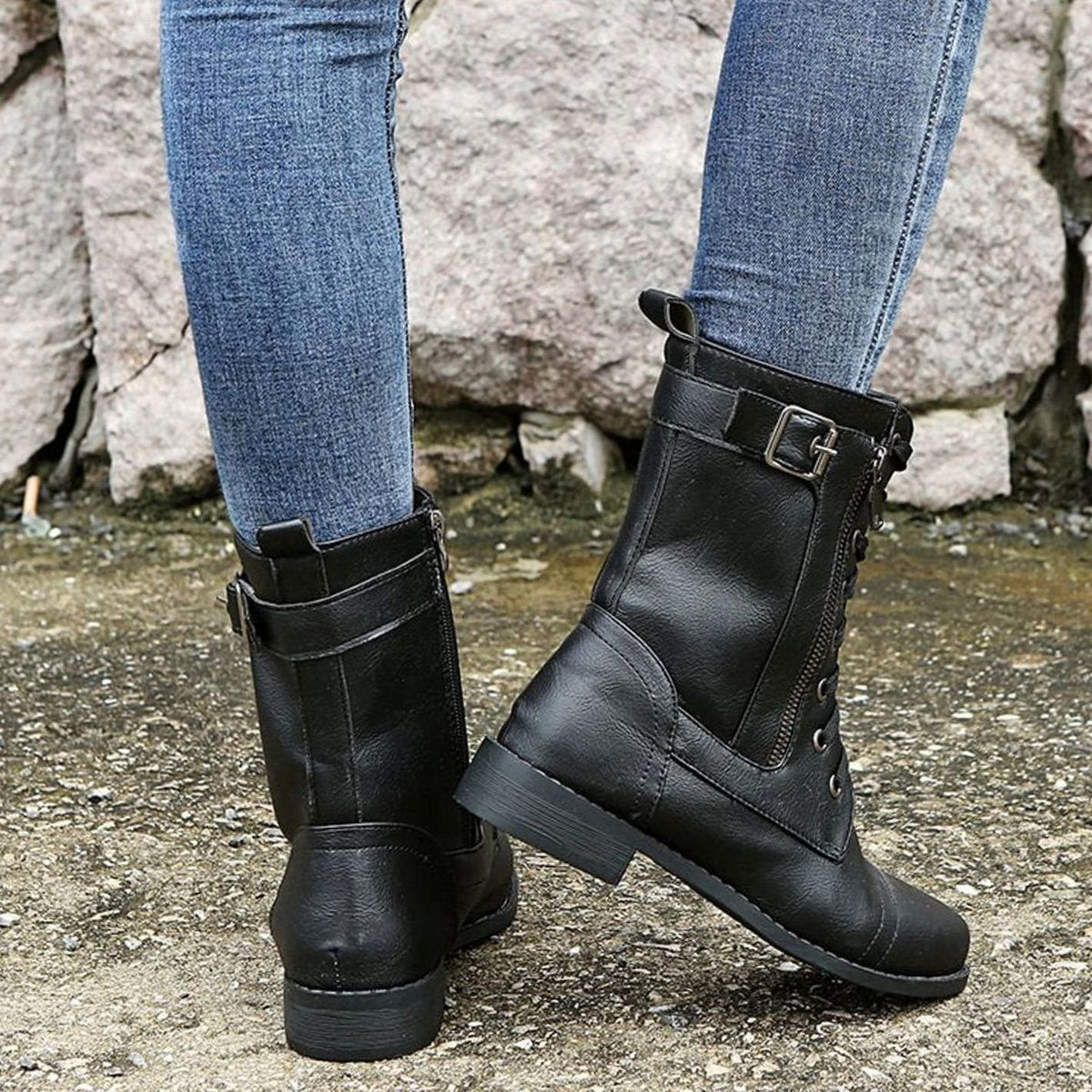 Combat Boots Faux Leather Lace Up Side Zip Chunky Sole Mid Calf Boots | Eleanor