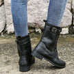 Combat Boots Faux Leather Lace Up Side Zip Chunky Sole Mid Calf Boots | Eleanor