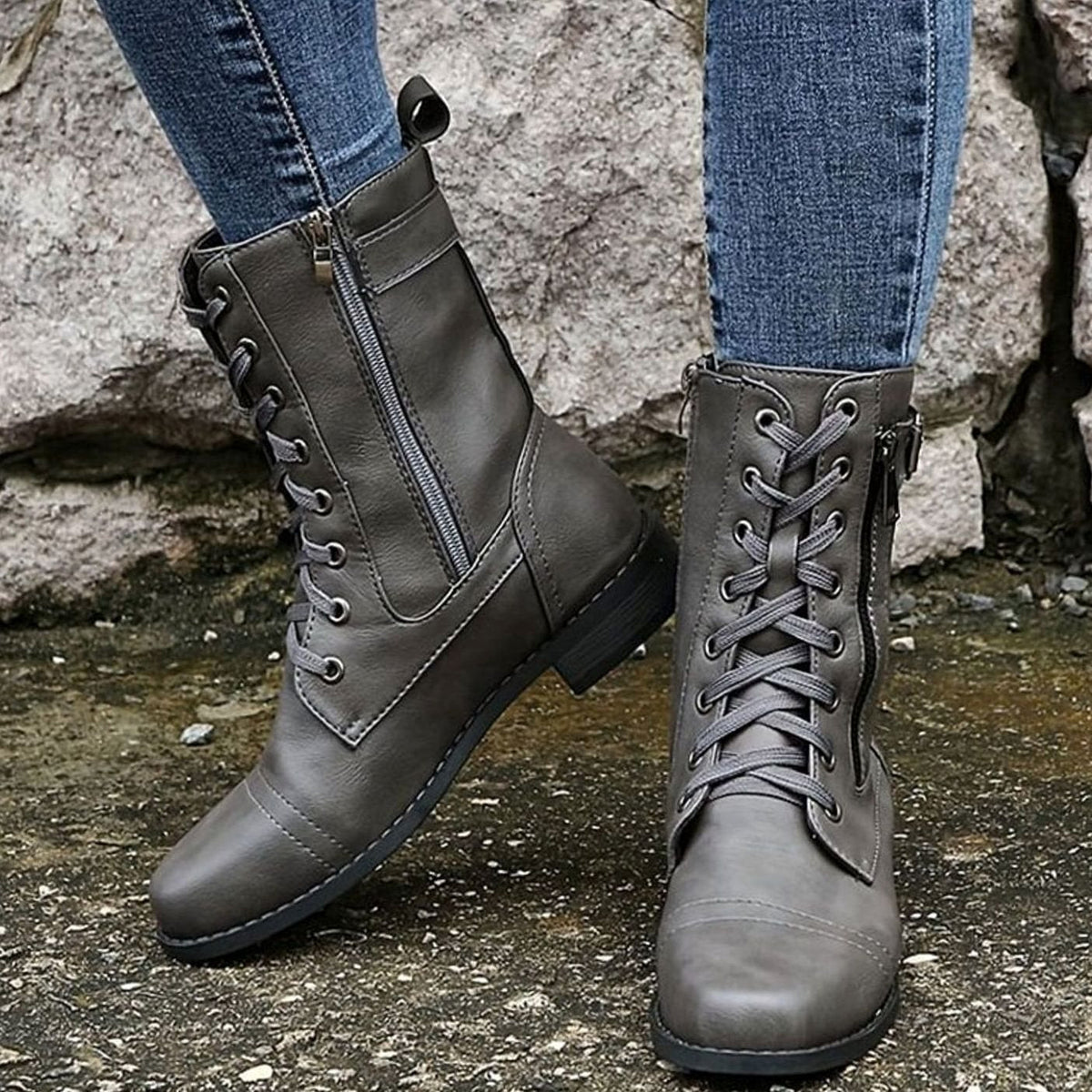 Combat Boots Faux Leather Lace Up Side Zip Chunky Sole Mid Calf Boots | Eleanor