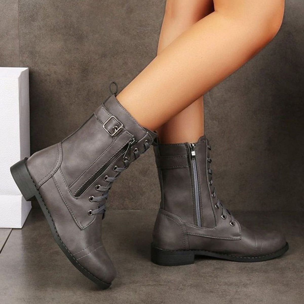 Combat Boots Faux Leather Lace Up Side Zip Chunky Sole Mid Calf Boots | Eleanor