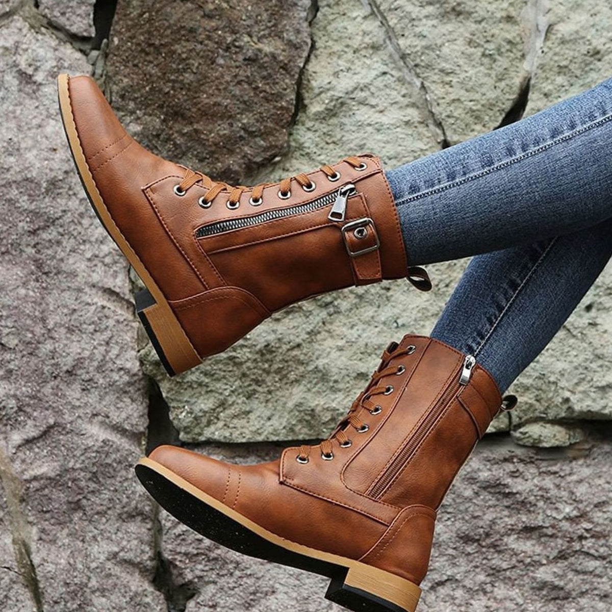 Combat Boots Faux Leather Lace Up Side Zip Chunky Sole Mid Calf Boots | Eleanor