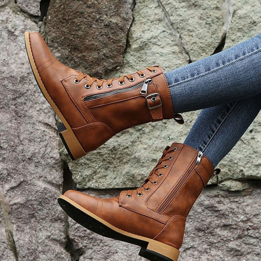 Combat Boots Faux Leather Lace Up Side Zip Chunky Sole Mid Calf Boots | Eleanor