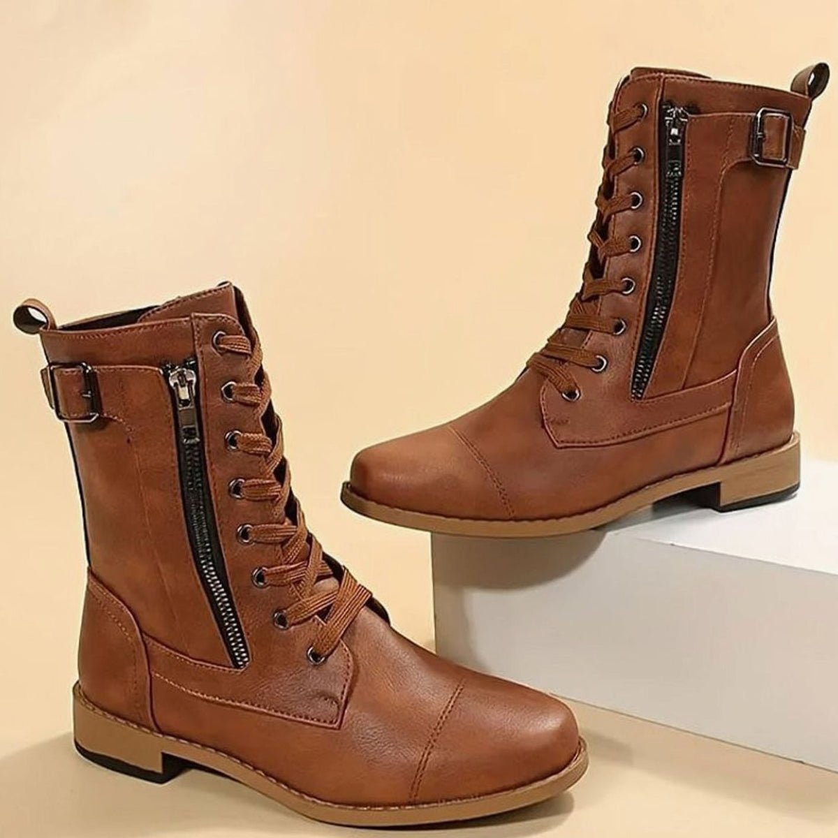 Combat Boots Faux Leather Lace Up Side Zip Chunky Sole Mid Calf Boots | Eleanor